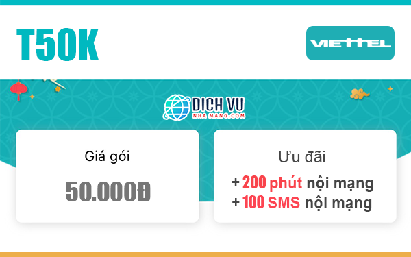 Đăng ký gói Combo T50K Viettel có 200 phút nội mạng & 100 SMS nội mạng