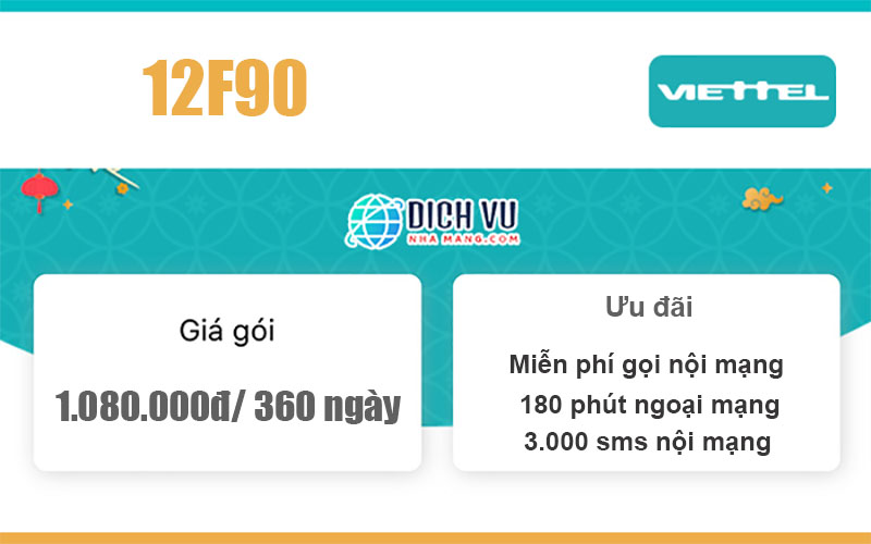 Gói 12F90 Viettel - 60GB + Miễn phí gọi, nhắn tin giá 1.080k/ 12 tháng