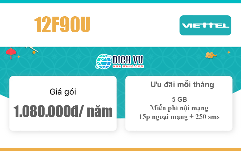 Gói 12F90U Viettel - 60GB + Miễn phí gọi thoại nhắn tin giá 1.080k/ năm