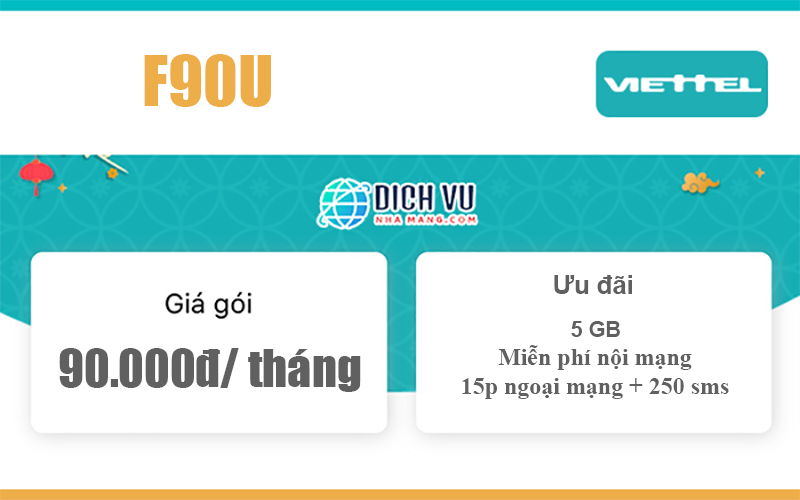 Gói F90U Viettel - Ưu đãi 5GB + miễn phí gọi thoại, nhắn tin 90k/ tháng