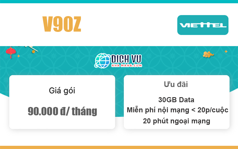 Gói V90Z Viettel - 30GB Data + Miễn phí gọi nội, ngoại mạng giá 90k/ tháng