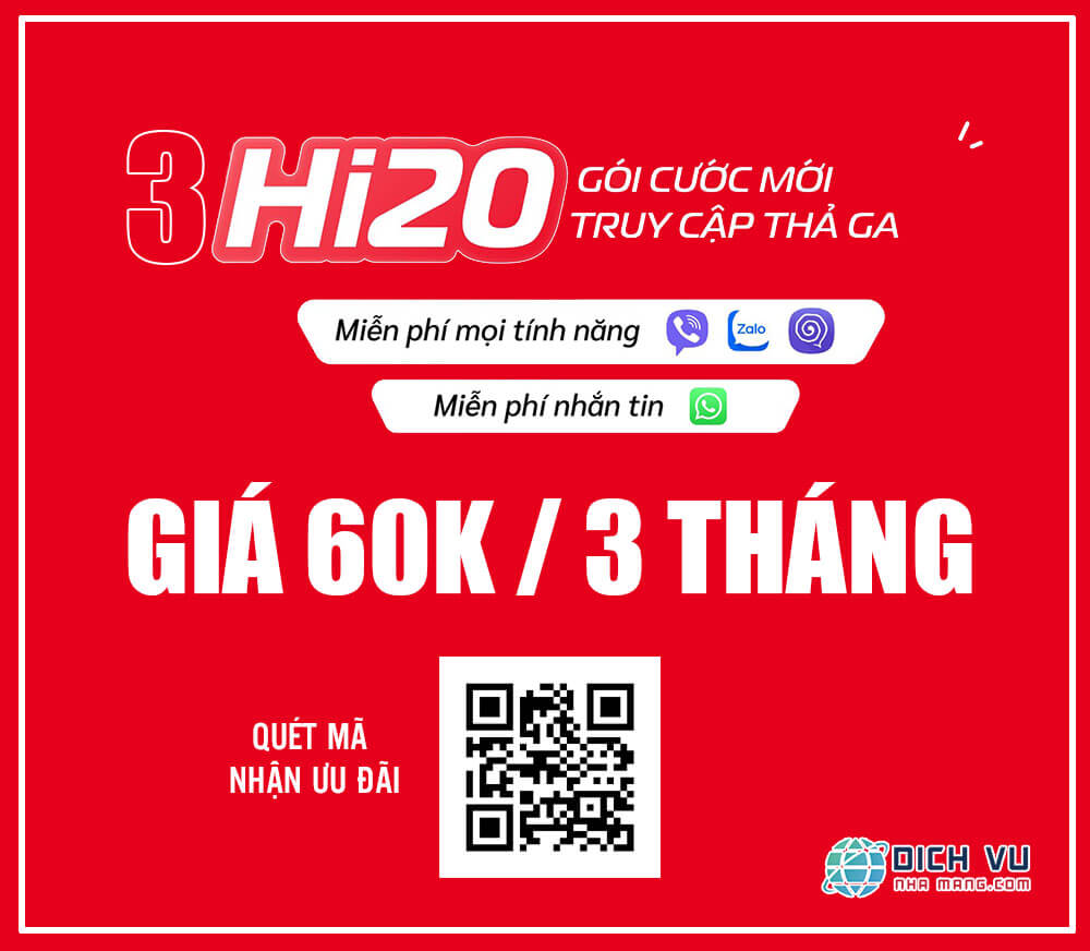 Gói 3HI20 Viettel - Miễn phí Data Zalo, Viber, Whatsapp giá 60K/ 3tháng