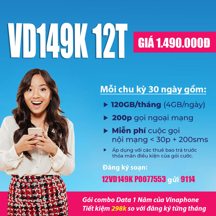 Gói V149K 12T Vinaphone - KM 4GB/ngày, 18000p nội, 2400p ngoại mạng