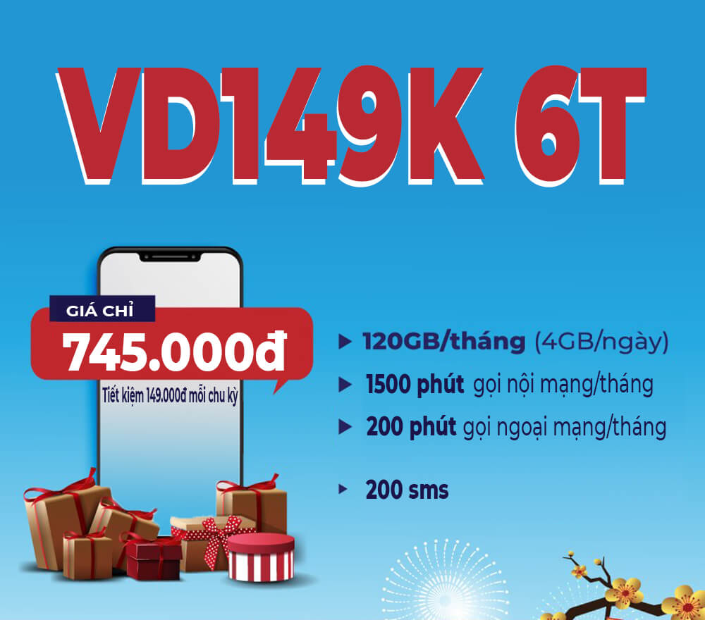 Đăng ký gói VD149K 6T Vinaphone nhận 720GB, nghìn phút gọi & SMS