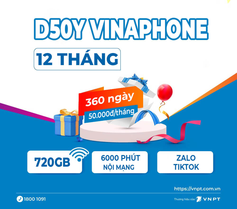 Gói D50Y 12T Vinaphone nhận 720GB, Miễn phí gọi, Zalo, TikTok chỉ 600K